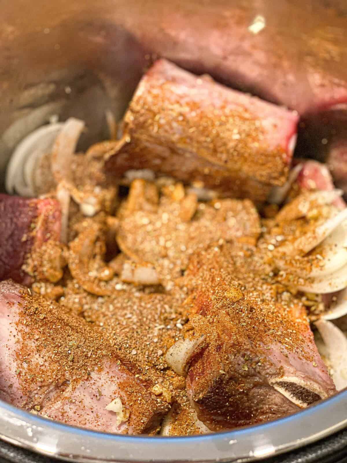 Overhead image of ingredients for Instant Pot short rib barbacoa, including bone-in beef short ribs, sliced onion, garlic, and warm spices.