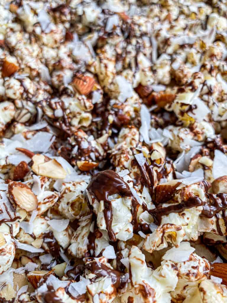 chocolate popcorn with almonds and coconut