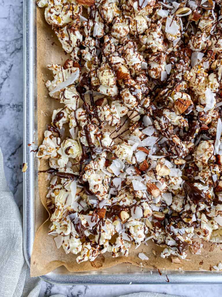 chocolate popcorn with almonds and coconut