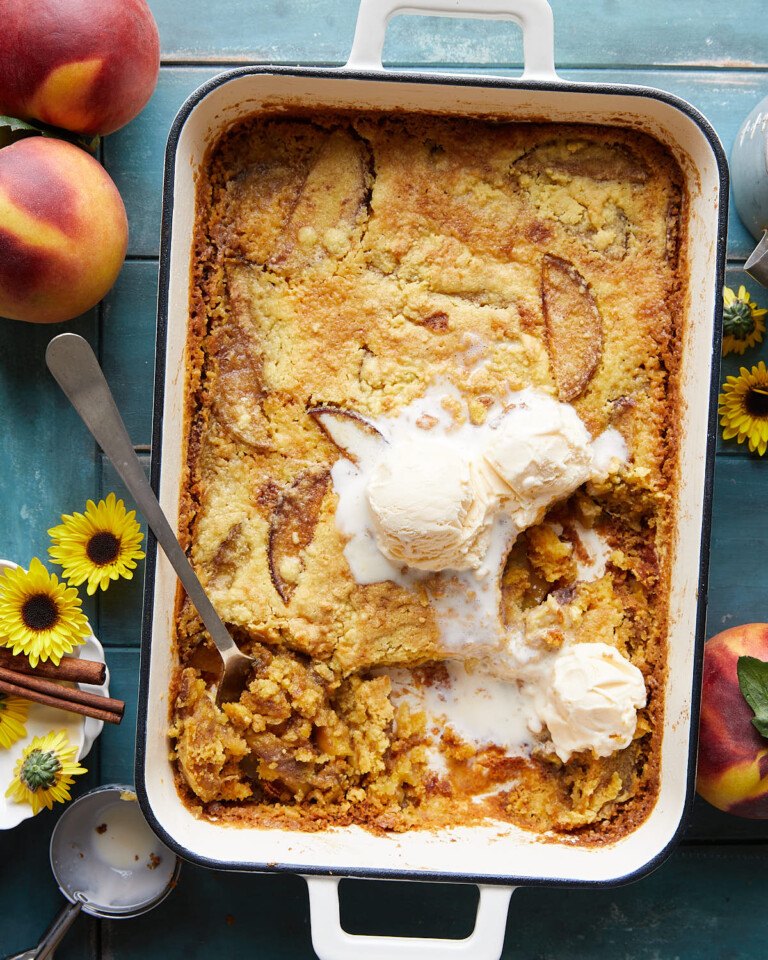 Easy Fresh Peach Dump Cake Recipe with Cake Mix Bites with Bri