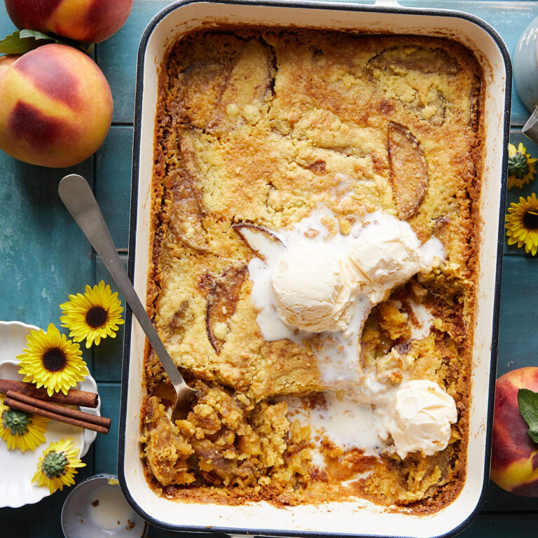 Easy Fresh Peach Dump Cake Recipe with Cake Mix Bites with Bri