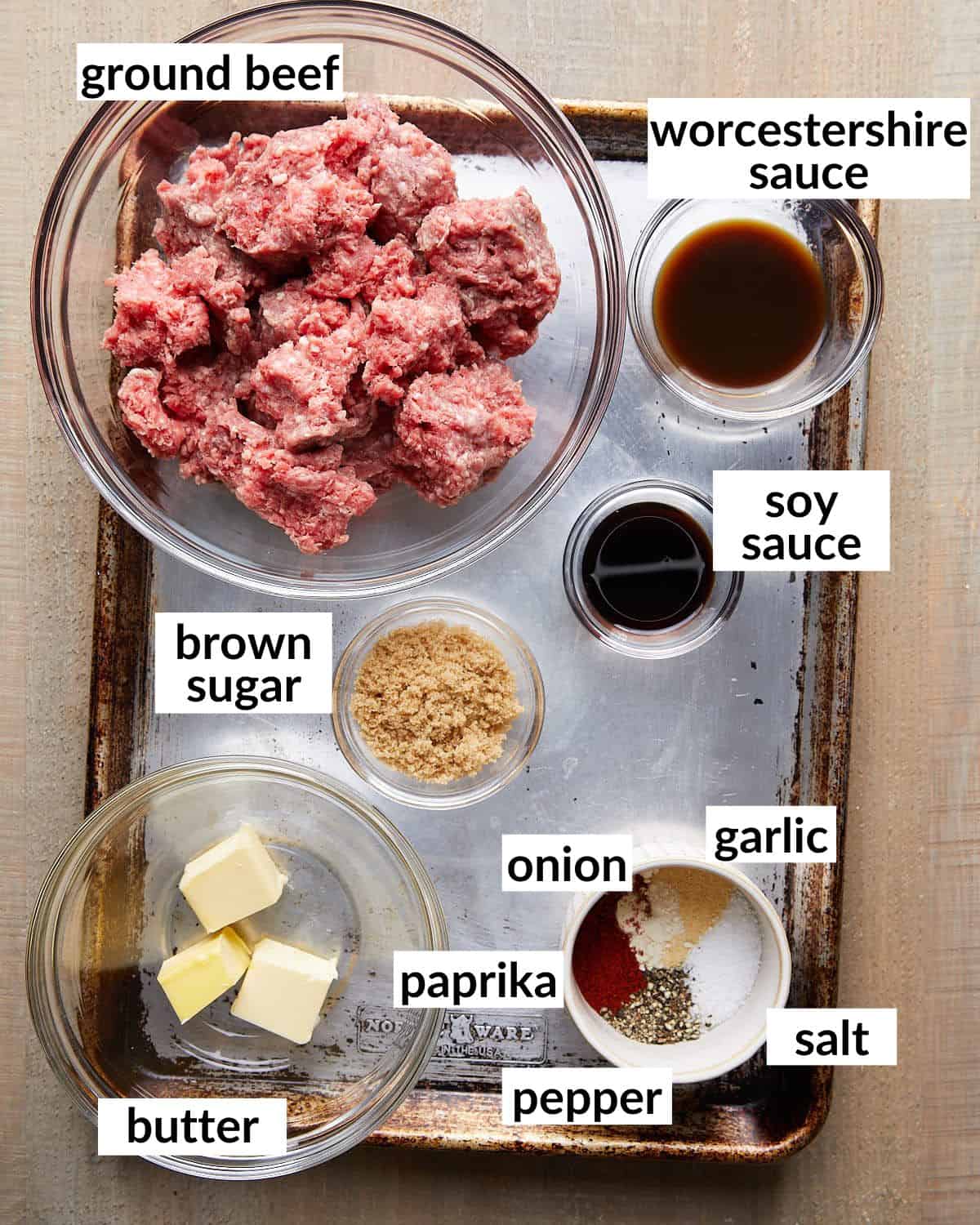 Overhead image of ingredients needed to make hamburger patty recipe.
