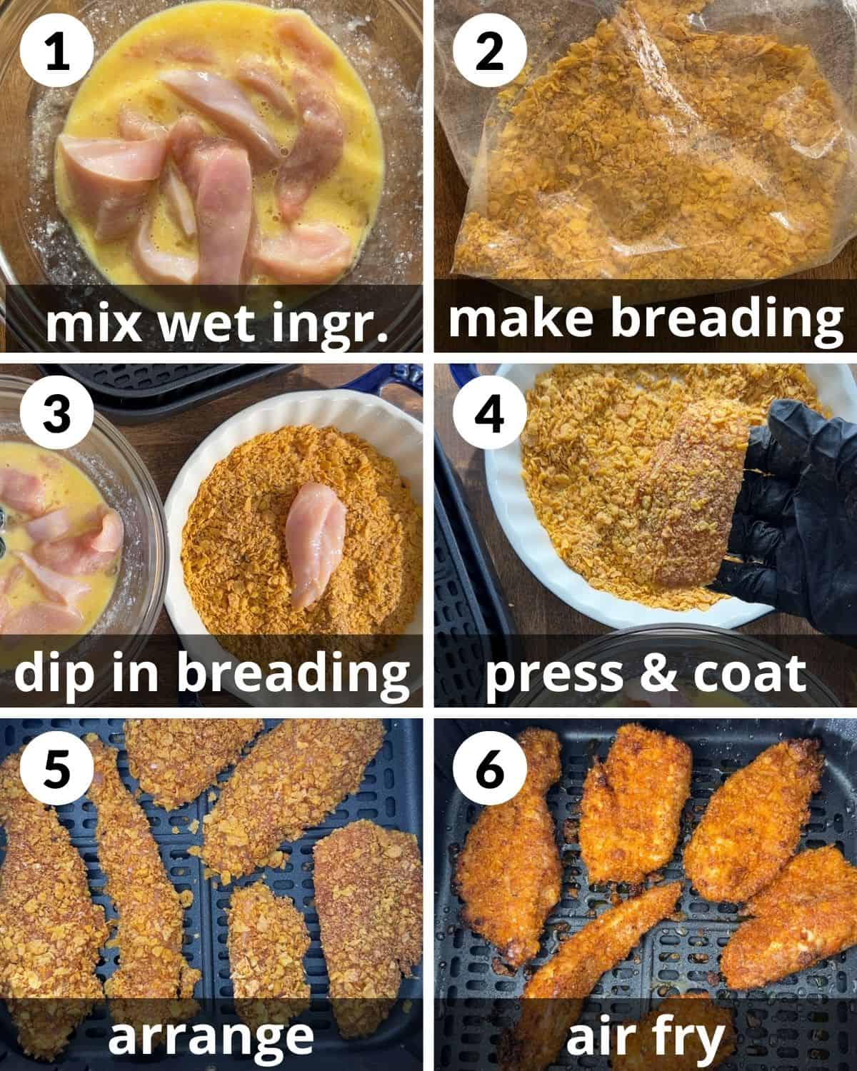A 6 photo collage showing the assembly air fryer cornflake chicken.