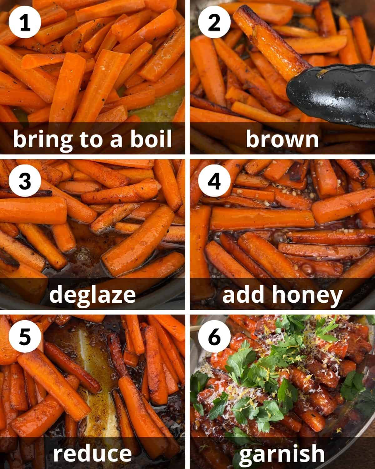 A 6 photo collage showing the assembly of stovetop glazed carrots.