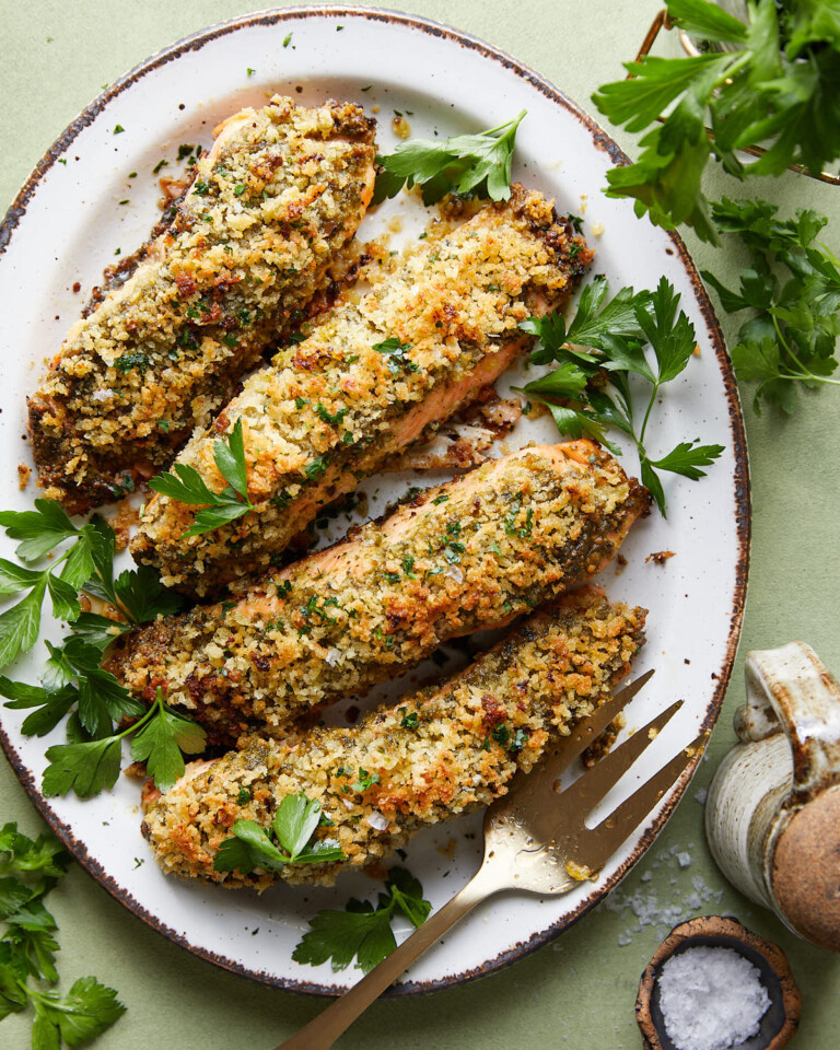 Pesto Crusted Salmon with Garlic Lemon Panko Bites with Bri
