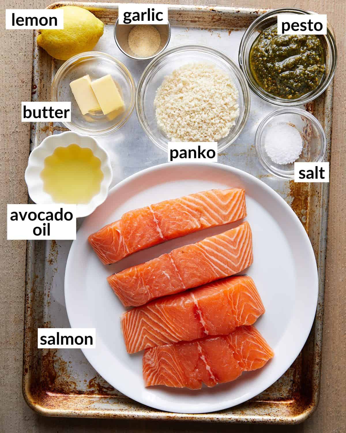 Overhead image of ingredients needed to make pesto crusted salmon with garlic lemon panko.