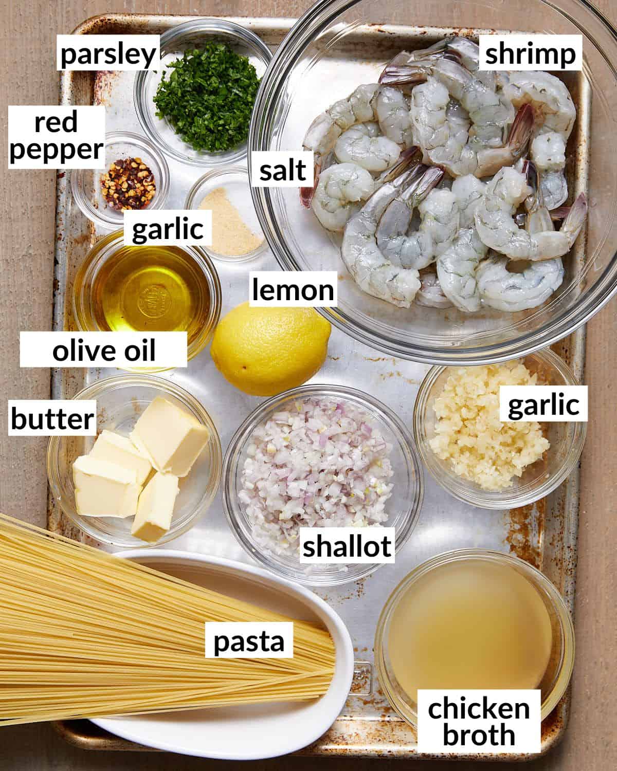Overhead image of ingredients needed to make shrimp scampi without wine.
