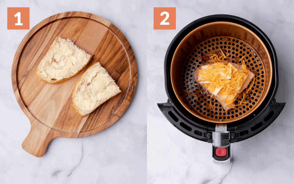 steps 1 & 2. bread with butter & Half of the sandwich in the air fryer 