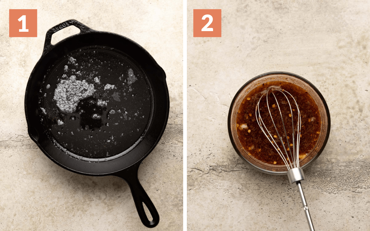steps 1 & 2
melted butter in skillet
sauce mixed in bowl