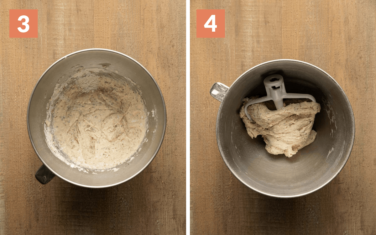 steps 3 & 4
dough with some flour mixed in
finished dough wrapped around hook