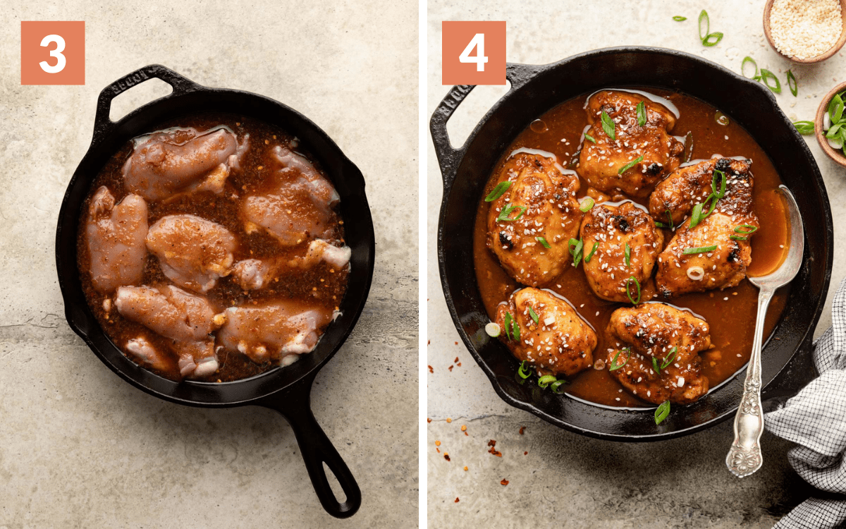 steps 3 & 4
raw chicken in skillet with sauce
finished chicken garnished with sesame seeds and green onions