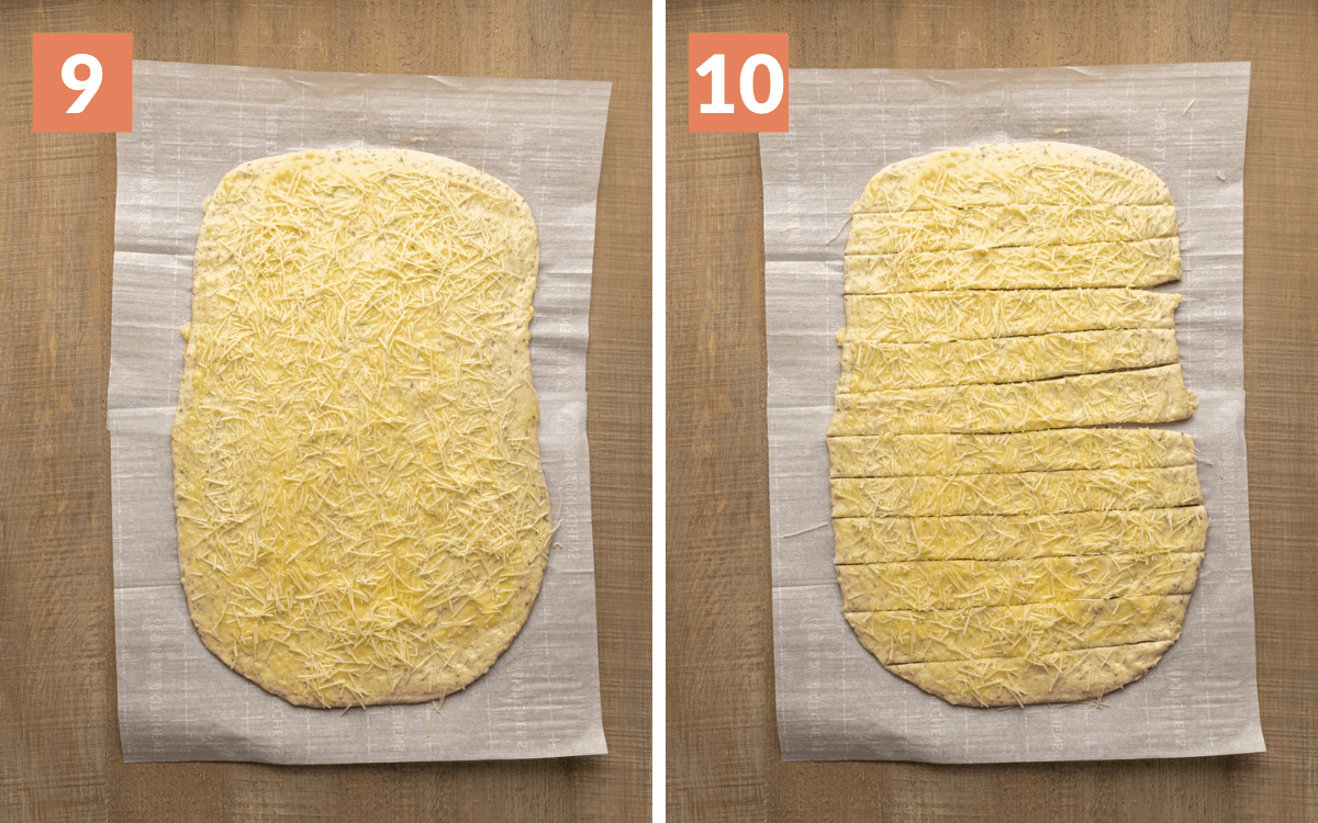 steps 9 & 10 
dough with cheese sprinkled on it
dough cut into 12 strips 