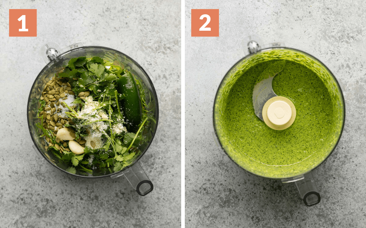 steps 1 & 2 
ingredients unblended in food processor
ingredients blended in food processor