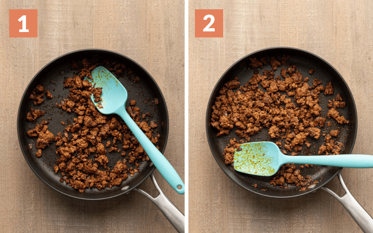 steps 1 & 2
chorizo cooked in pan
chorizo and seasonings in pan