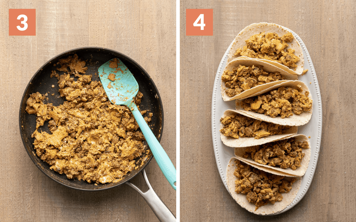 steps 3 & 4
eggs and chorizo scrambled in pan
eggs in flour tortillas