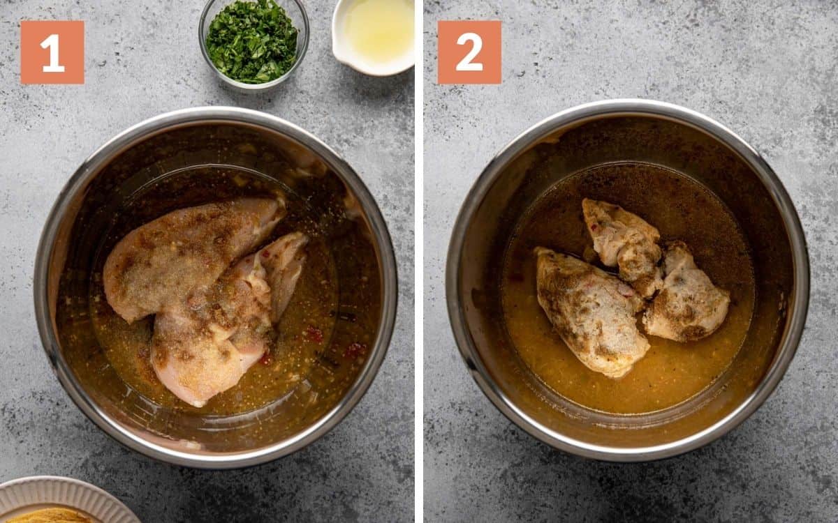 steps 1 & 2
raw chicken, salsa, and spice in instant pot
cooked chicken in instant pot