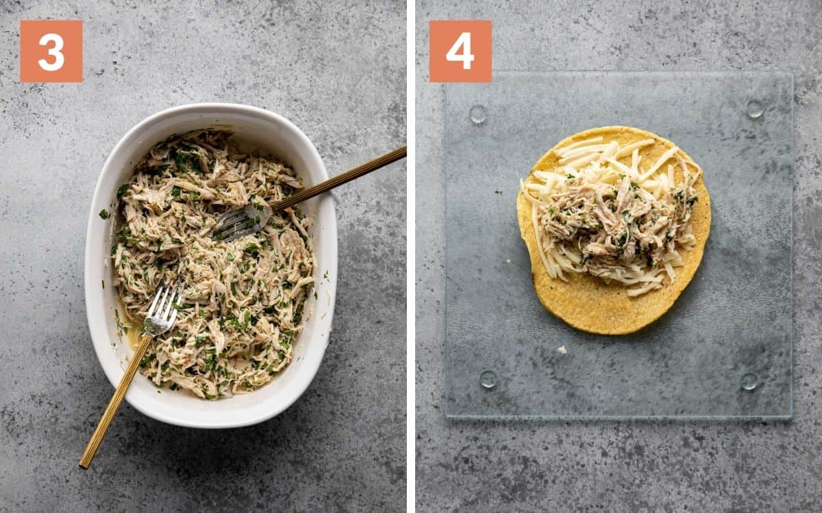 steps 3 & 4
shredded chicken in bowl
tortilla with cheese and chicken on top