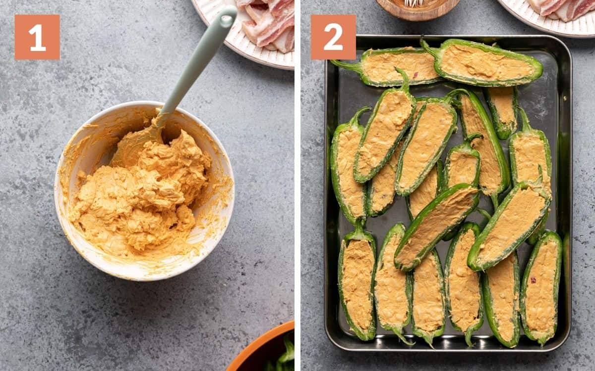 steps 1 & 2
cheese mixture in mixing bowl
jalapeno halves stuffed with cheese