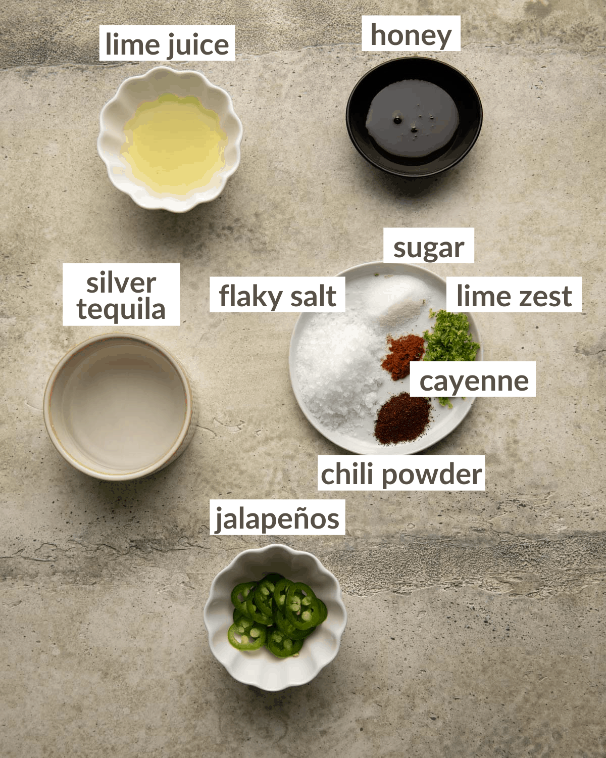 An overhead image of ingredients needed to make skinny spicy margarita recipe.