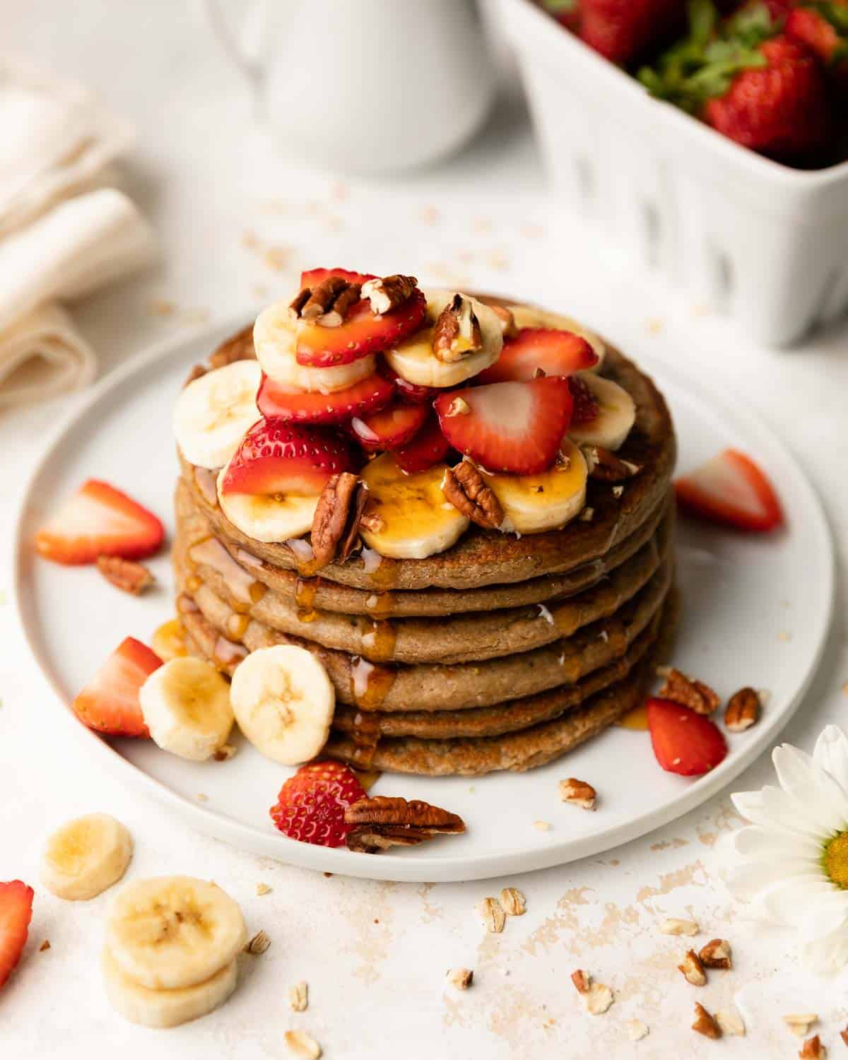 finished pancakes with bananas and strawberries 