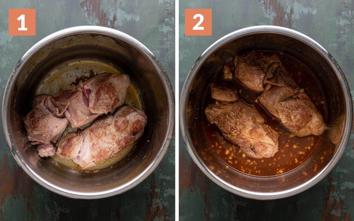 steps 1 & 2
browned pork in pot
pork & all ingredients in pot uncooked