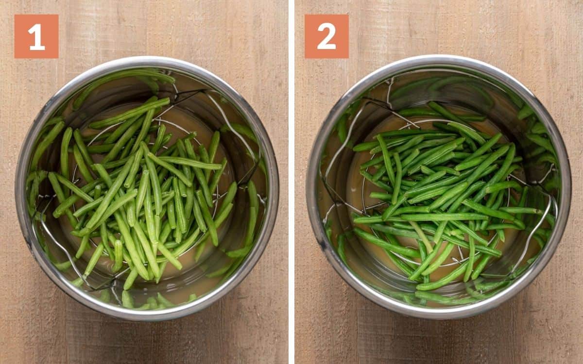 steps 1 & 2 
green beans uncooked in pot
steamed green beans in pot