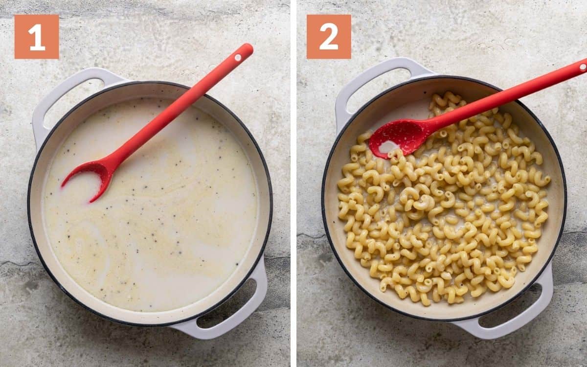steps 1 & 2
warm milk and butter in pot
pasta cooked in pot