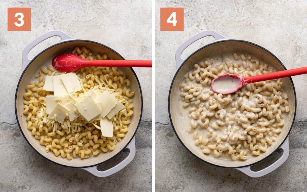 steps 3 & 4
cheese added in pot
pasta stirred until cheese melted