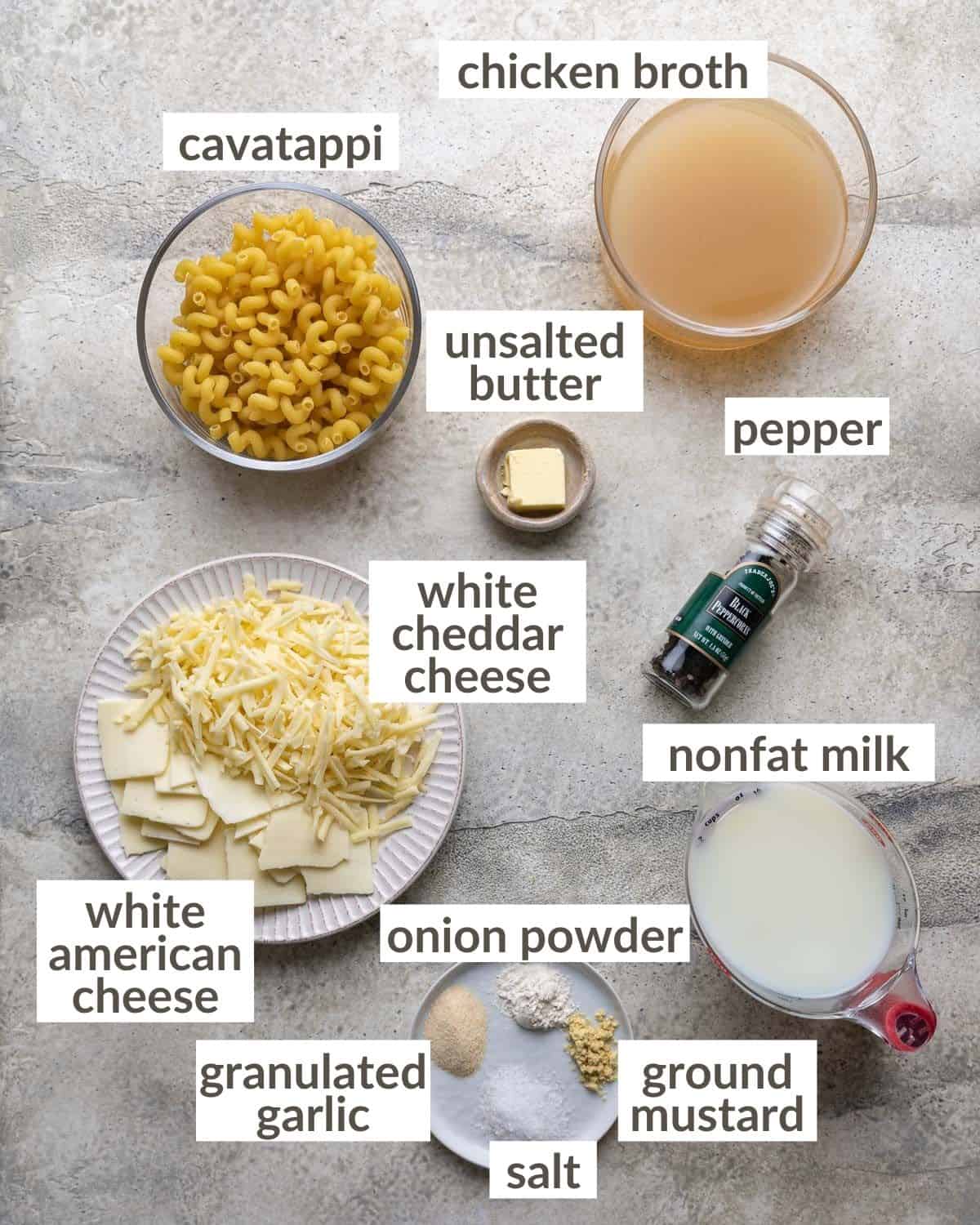 Ingredients needed to make mac and cheese no flour. 