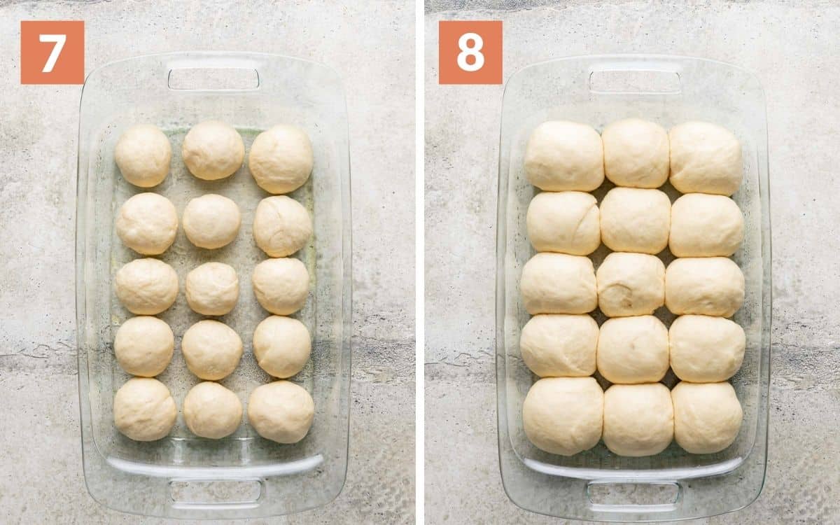 steps 7 & 8
dough balls in baking dish
risen Old Fashioned Yeast Rolls Recipe in baking dish