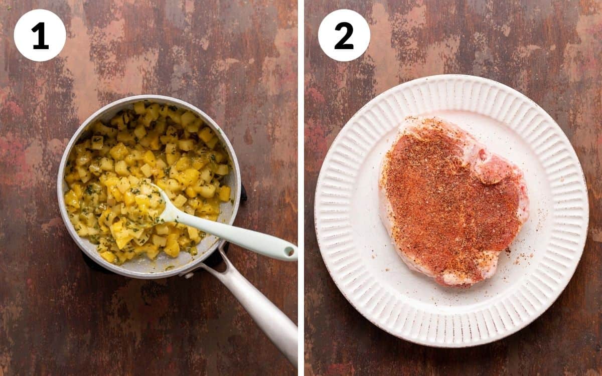 steps 1 & 2
compote in saucepan 
raw pork chop with rub