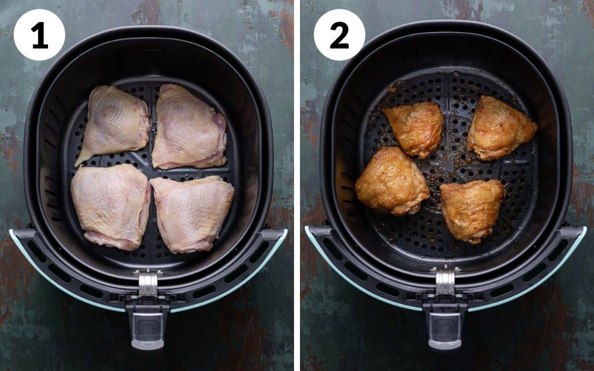 steps 1 & 2 
chicken thighs in the air fryer raw
chicken thighs in the air fryer cooked to golden brown