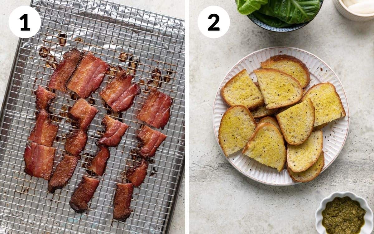 steps 1 & 2 
cooked bacon on wire rack sliced into thirds
bread brushed with olive oil on plate