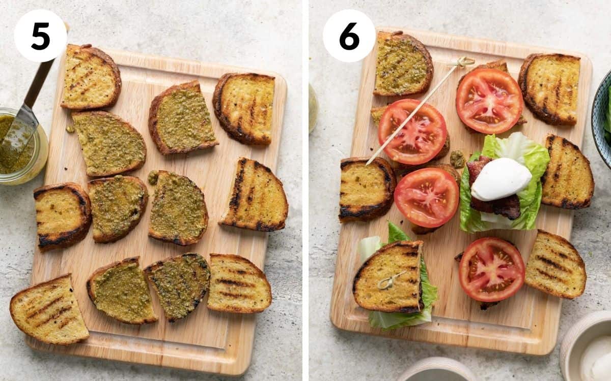 steps 5 & 6
pesto spread on bread
sandwiches being assembled