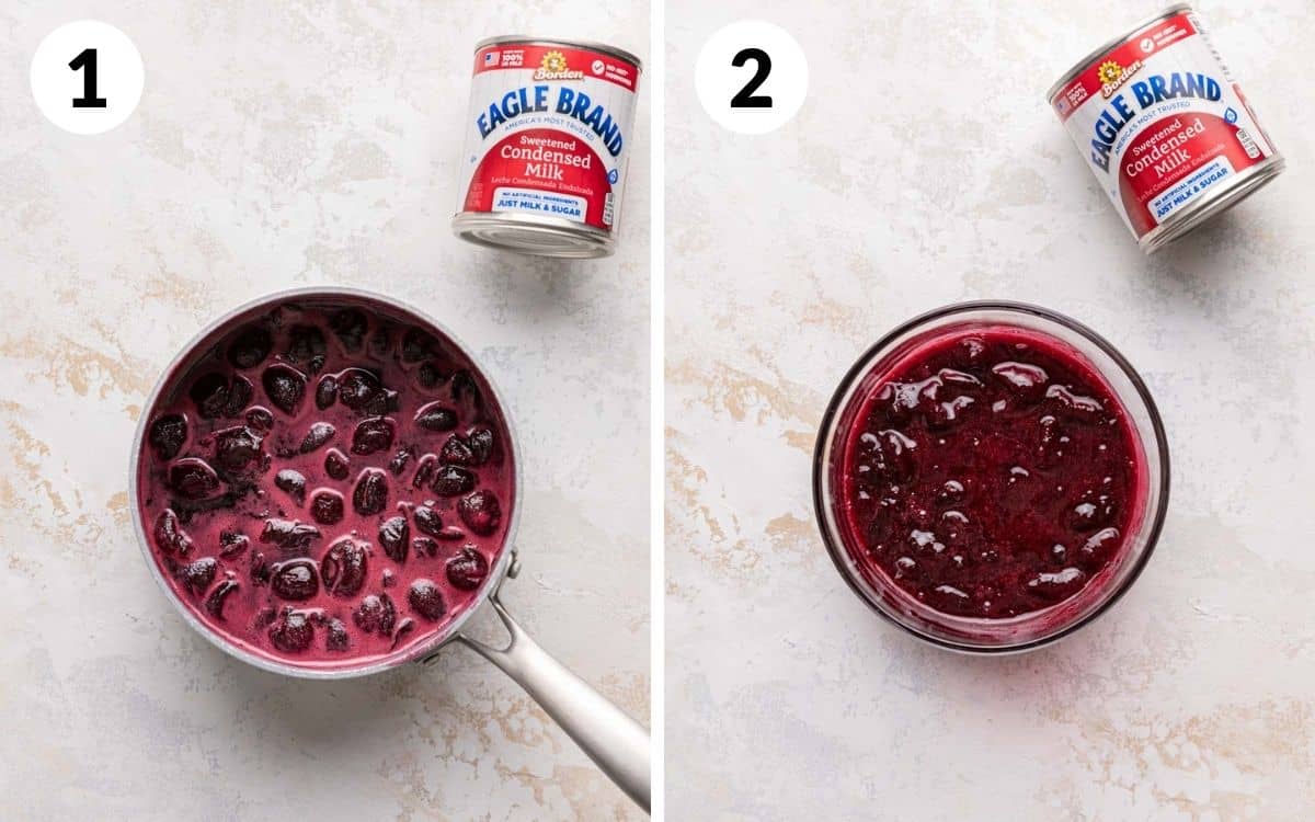 steps 1 & 2
cherry compote before cornstarch is added
cherry compote cooling in bowl