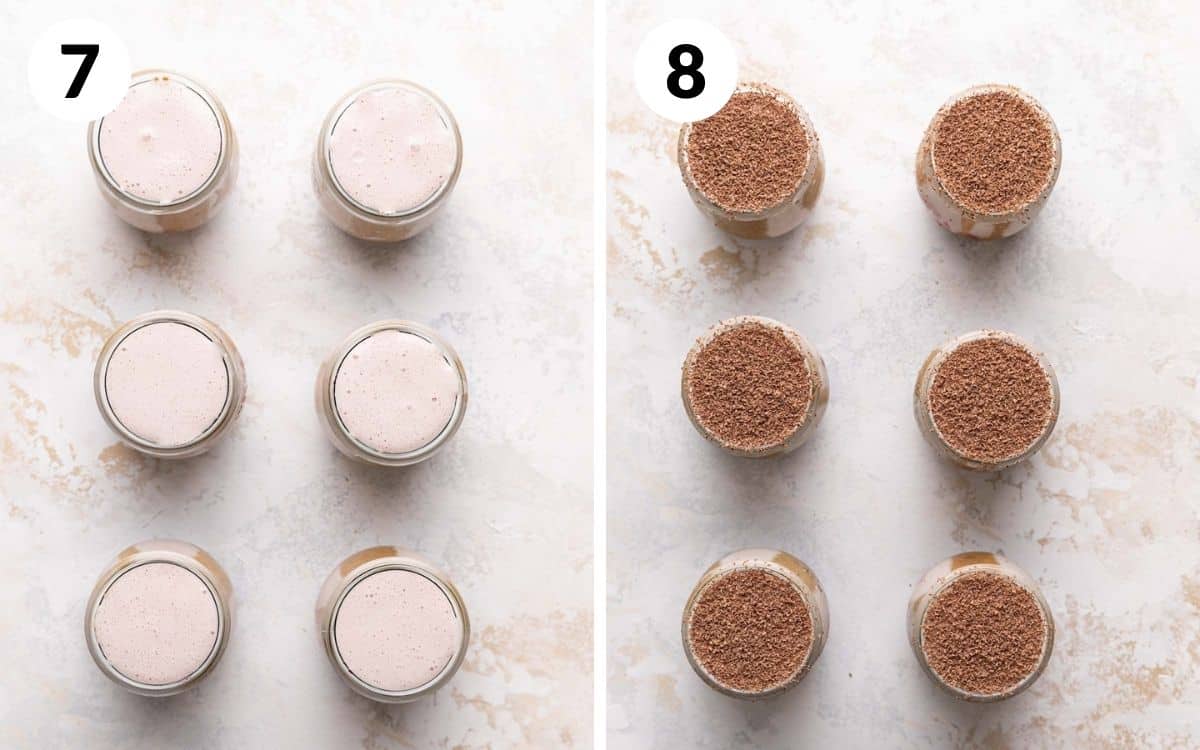 steps 7 & 8
cream filed in jars
chocolate grated on top of jars