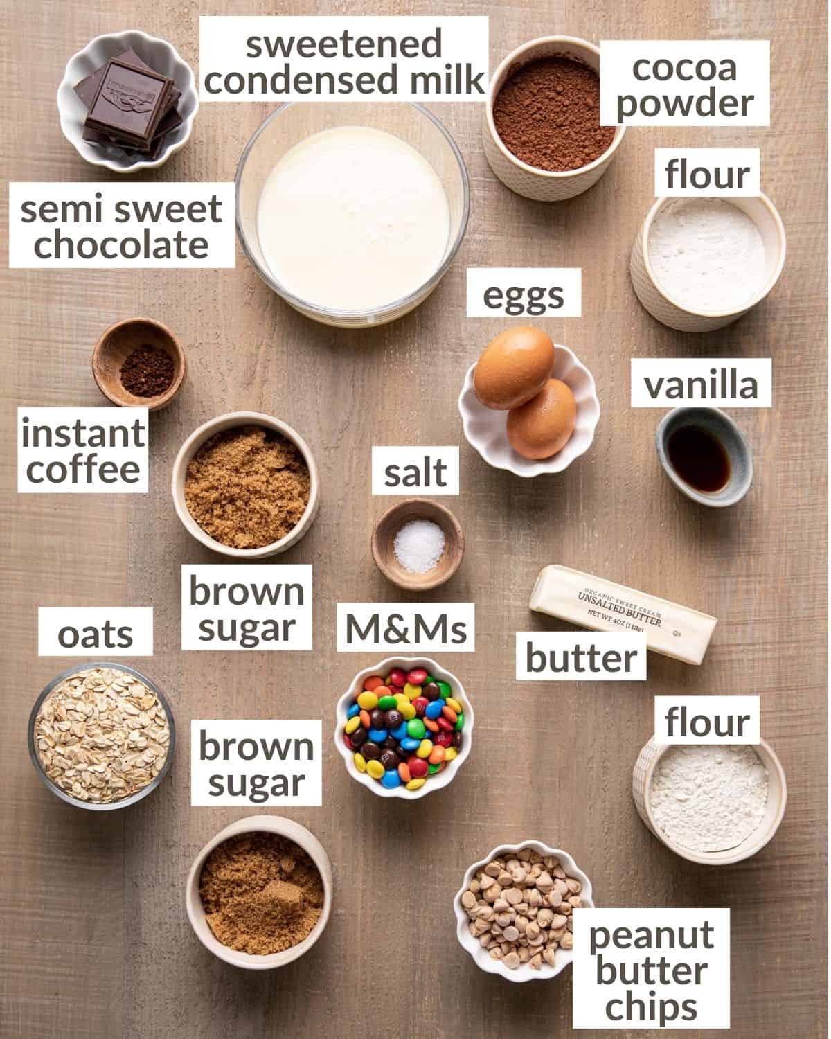 overhead of ingredients for Condensed Milk Brownies