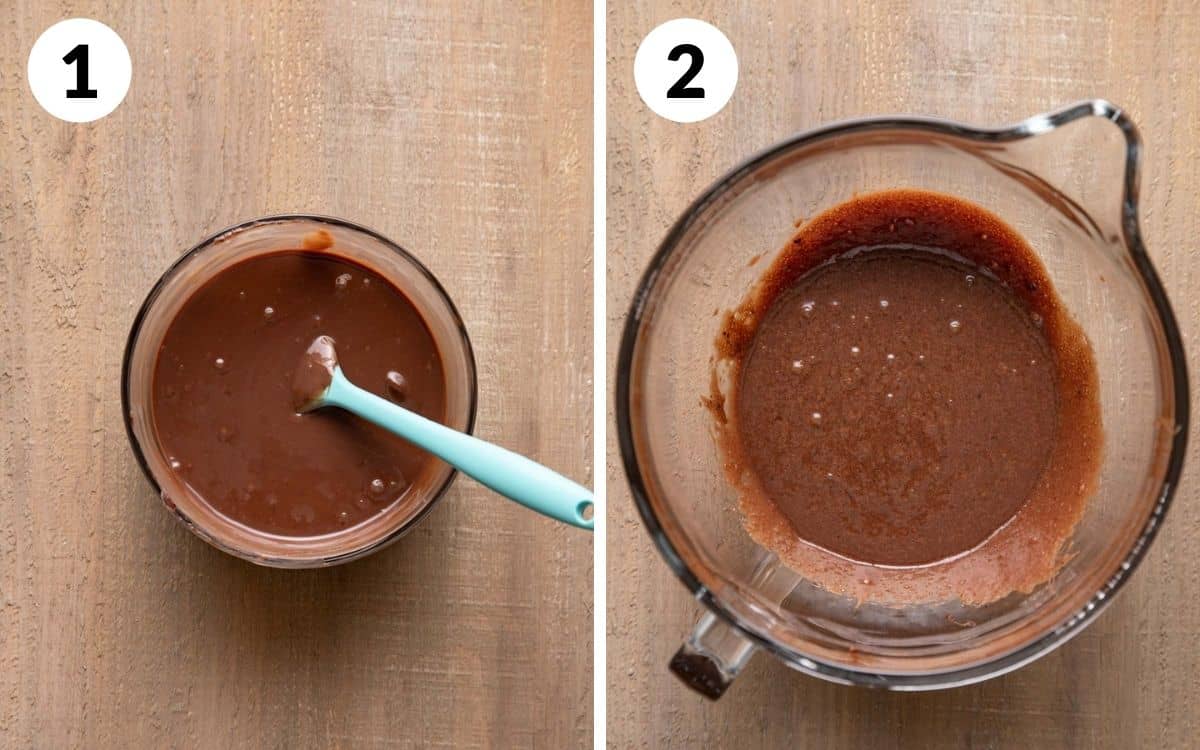 steps 1 & 2
melted chocolate and sweetened condensed milk in a bowl
chocolate mixture, brown sugar, and vanilla combined to make Condensed Milk Brownies batter