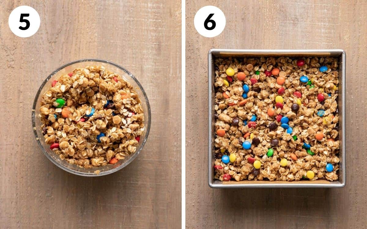 steps 5 & 6
crumble topping mixed together in a bowl
batter poured in lined pan with crumble on top