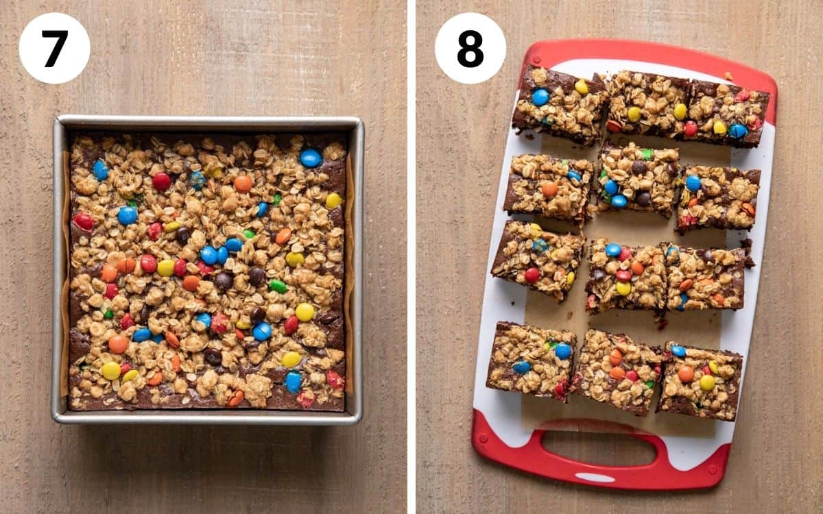 steps 7 & 8
Condensed Milk Brownies cooling in pan
brownies cut into 12 pieces on cutting board