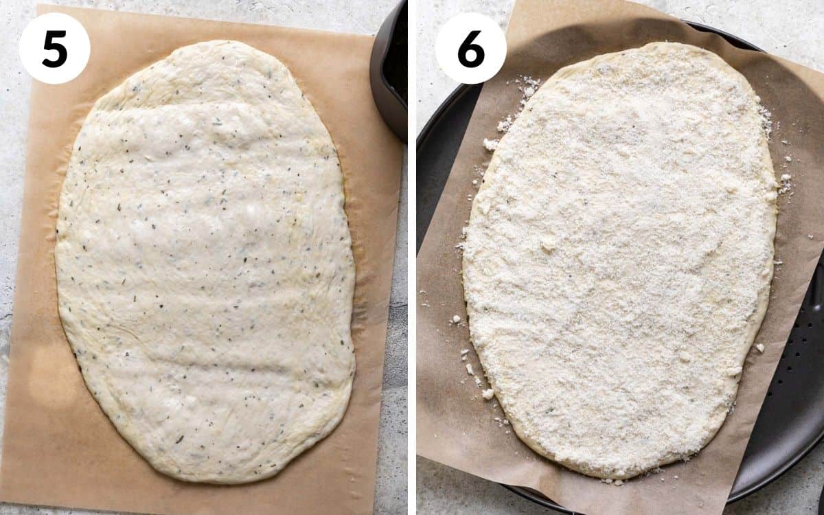 A 2 photo collage showing further steps to make garlic herb breadsticks.