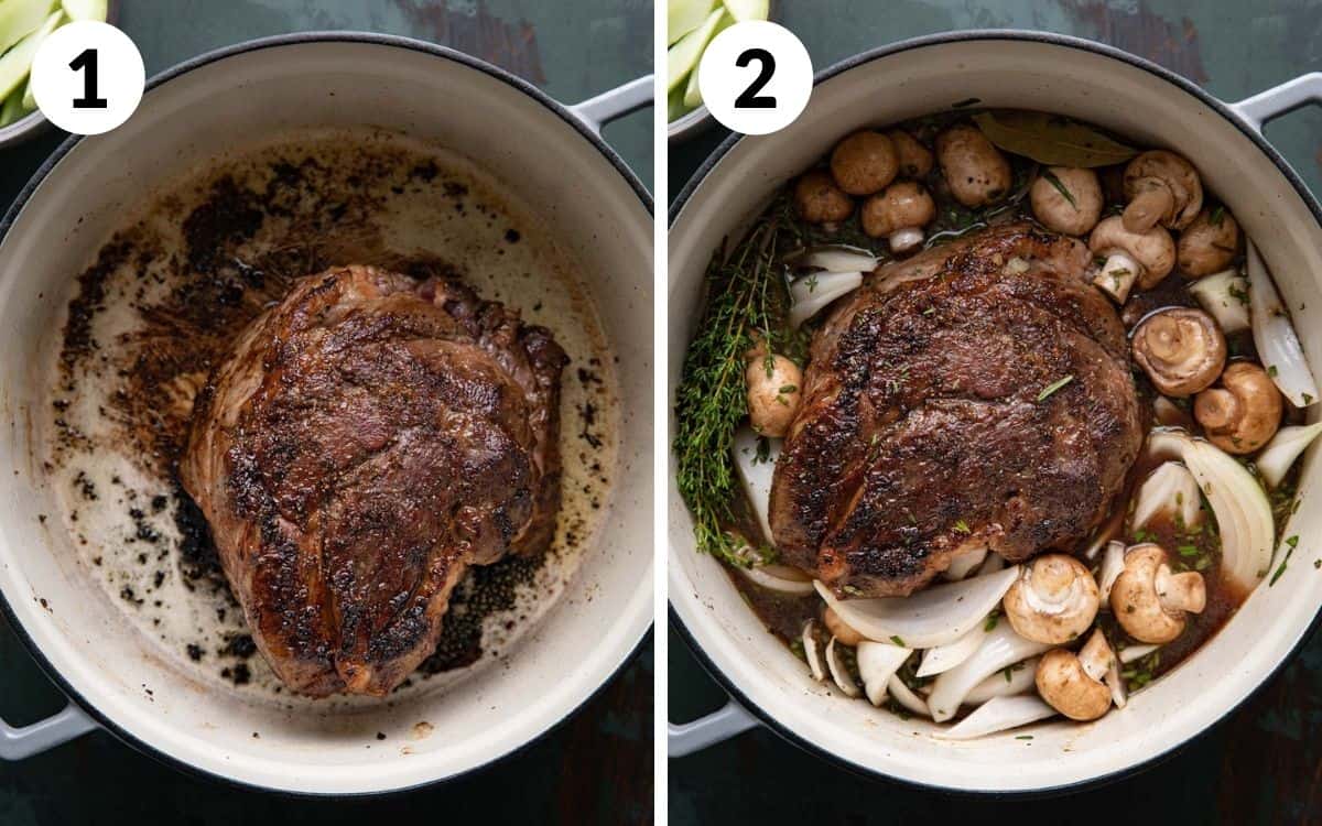 steps 1 & 2
meat browned in dutch oven
onion, mushroom, herbs, and liquid in the pot with the roast