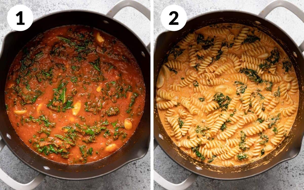 steps 1 & 2
kale wilted into sauce
pasta and cheese folded into sauce