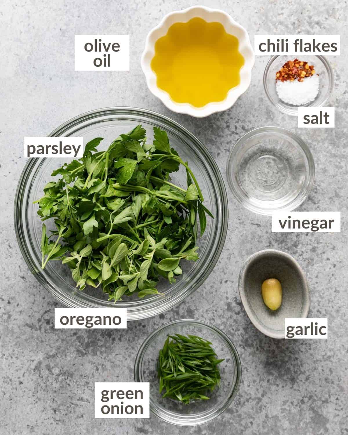 Ingredients needed to make chimichurri.