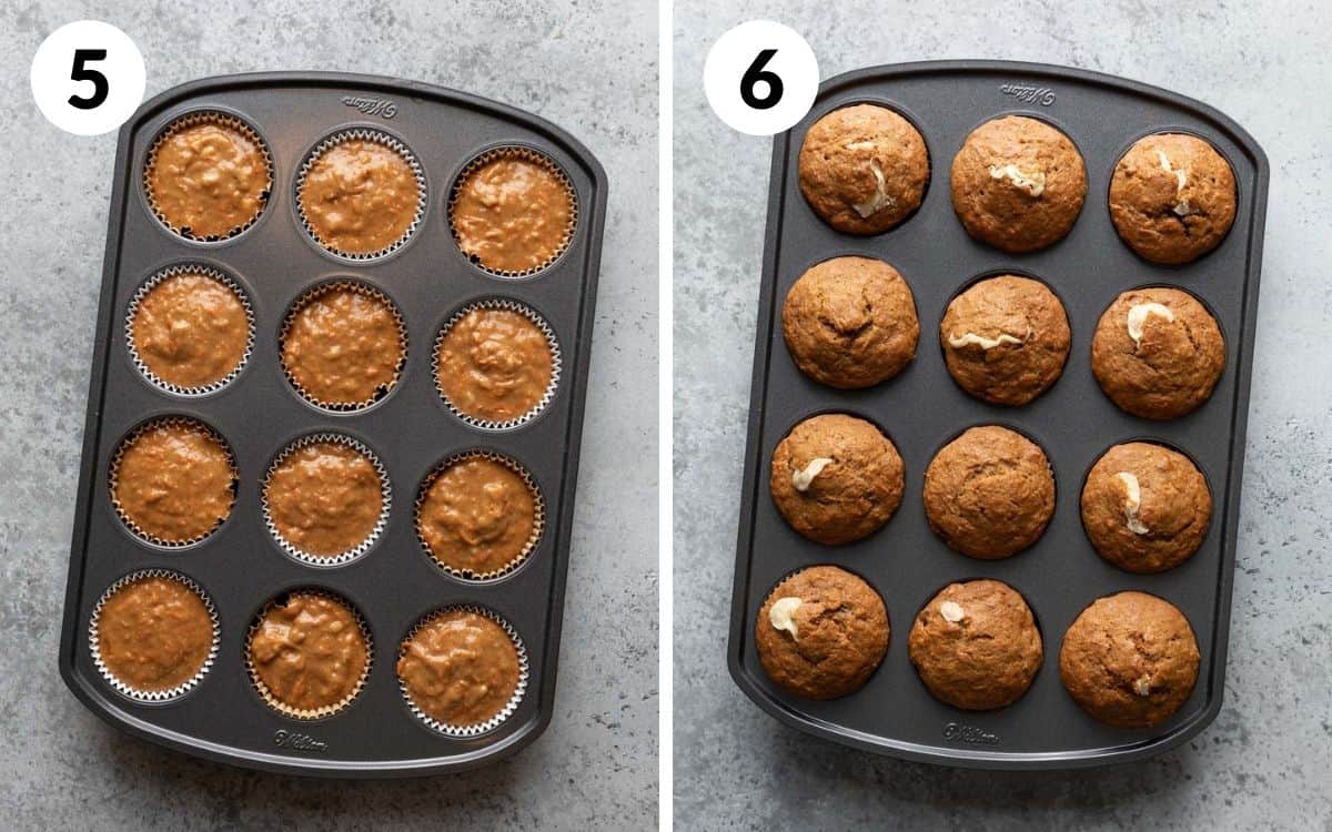 steps 5 & 6
muffin liners filled with batter
baked muffins