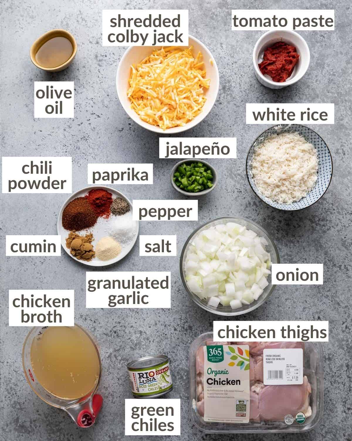 Overhead image of Mexican chicken and rice casserole. 