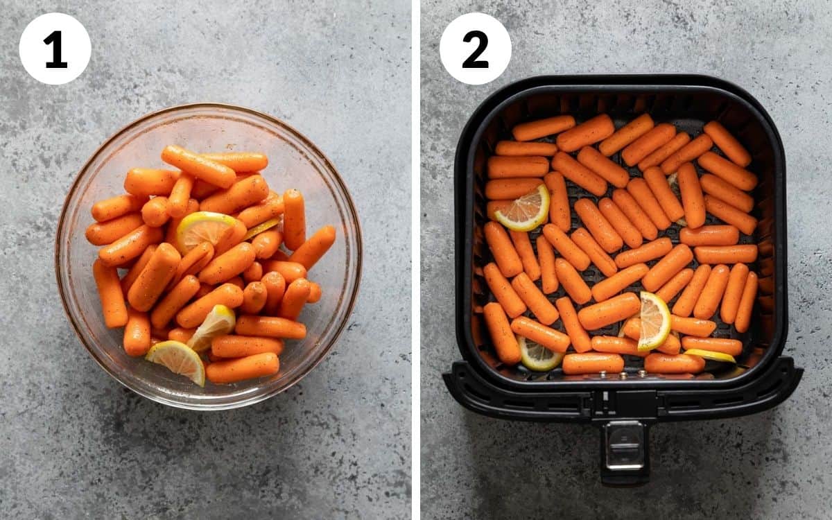 steps 1 & 2
carrots tossed with oil and seasonings in bowl 
baby carrots in air fryer basket
