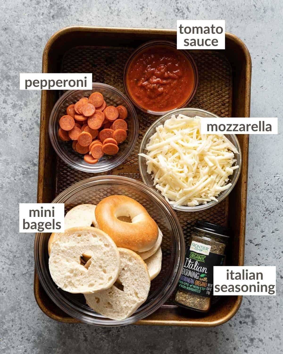 overhead of all ingredients in bowls for bagel bites (Air fryer)