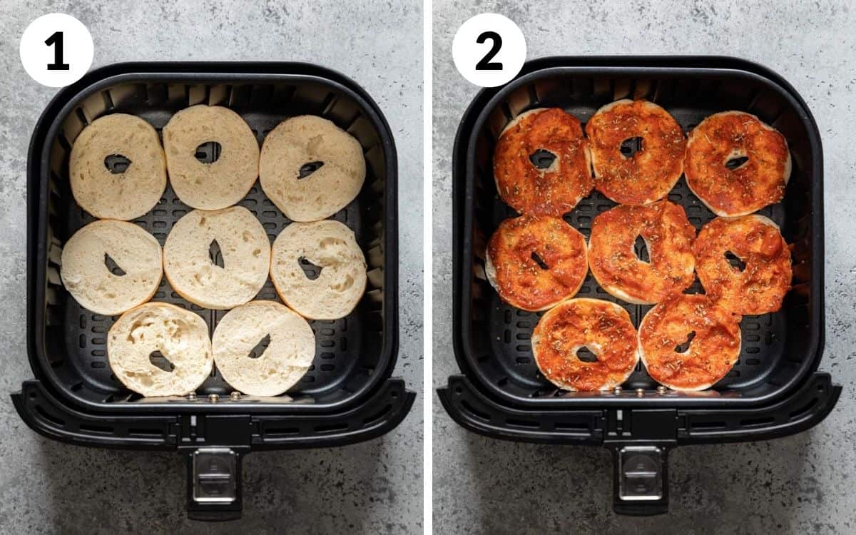 steps 1 & 2
bagel halves in air fryer basket
sauce and seasoning added on top of bagels
