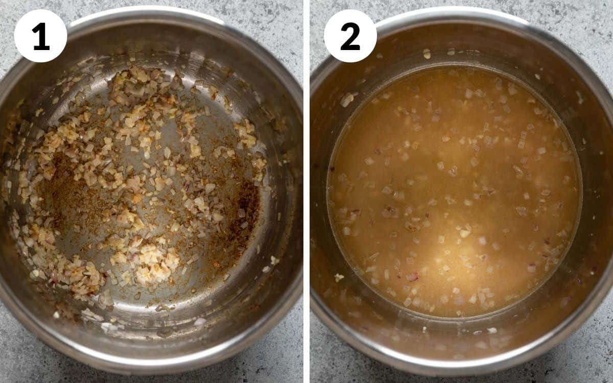 steps 1 & 2
garlic and shallot browned
deglazed pot with chicken broth in it